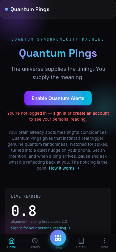 Quantum Pings home screen, mobile